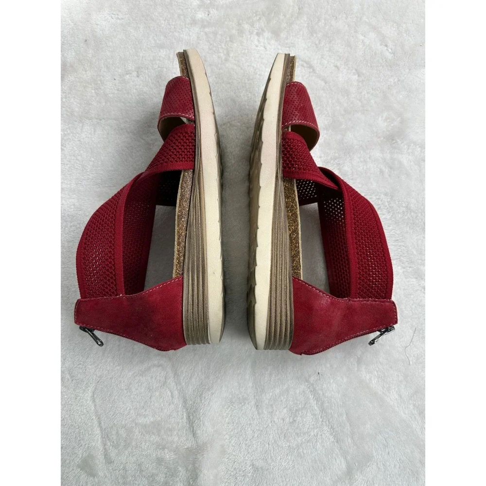 Biza Bree Red Leather Elastic Cross‎ Strap Wedge Sandals Womens 40 Zip Back